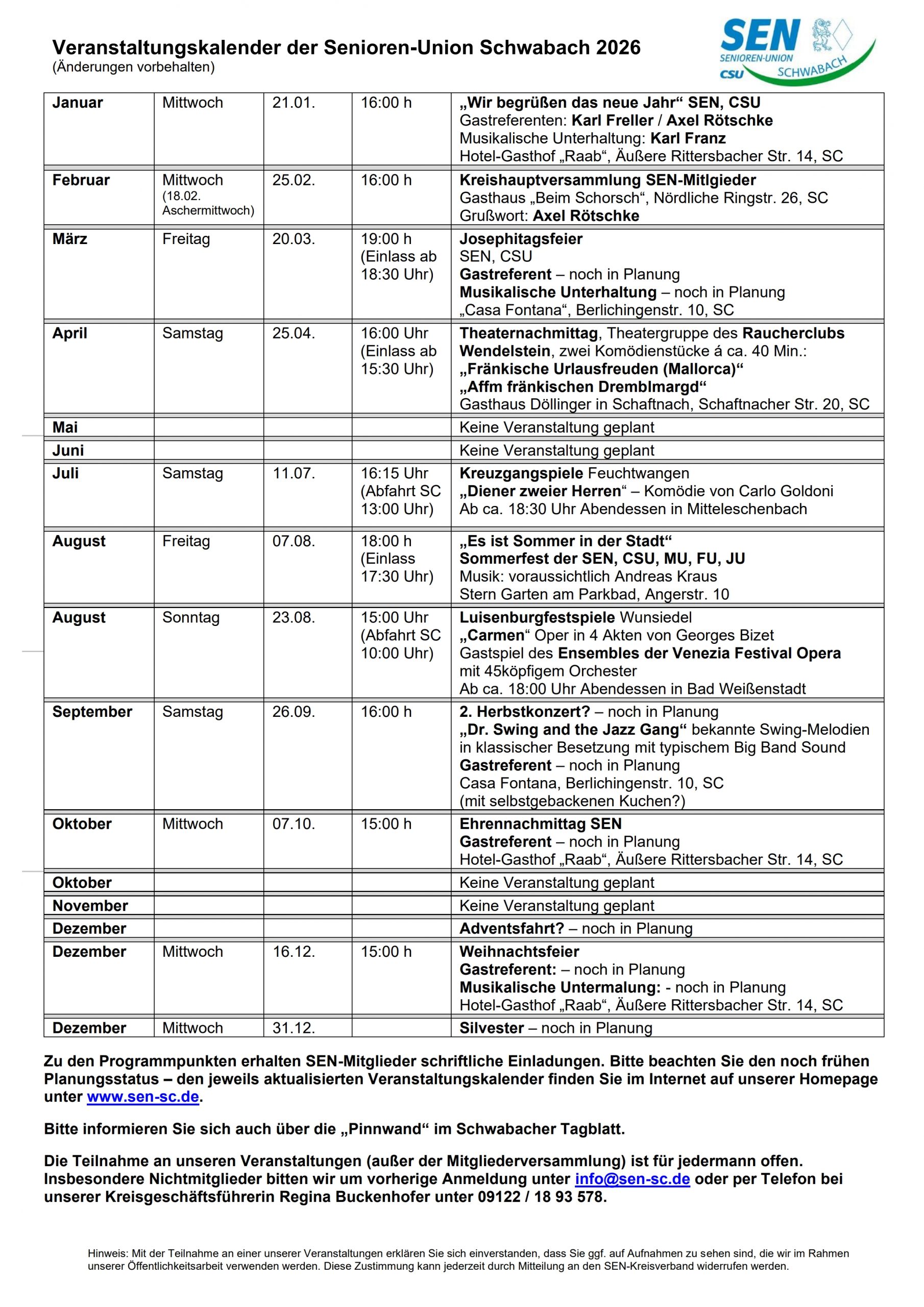 Vorläufiges Jahresprogramm 2026 - Stand 16.01.2026