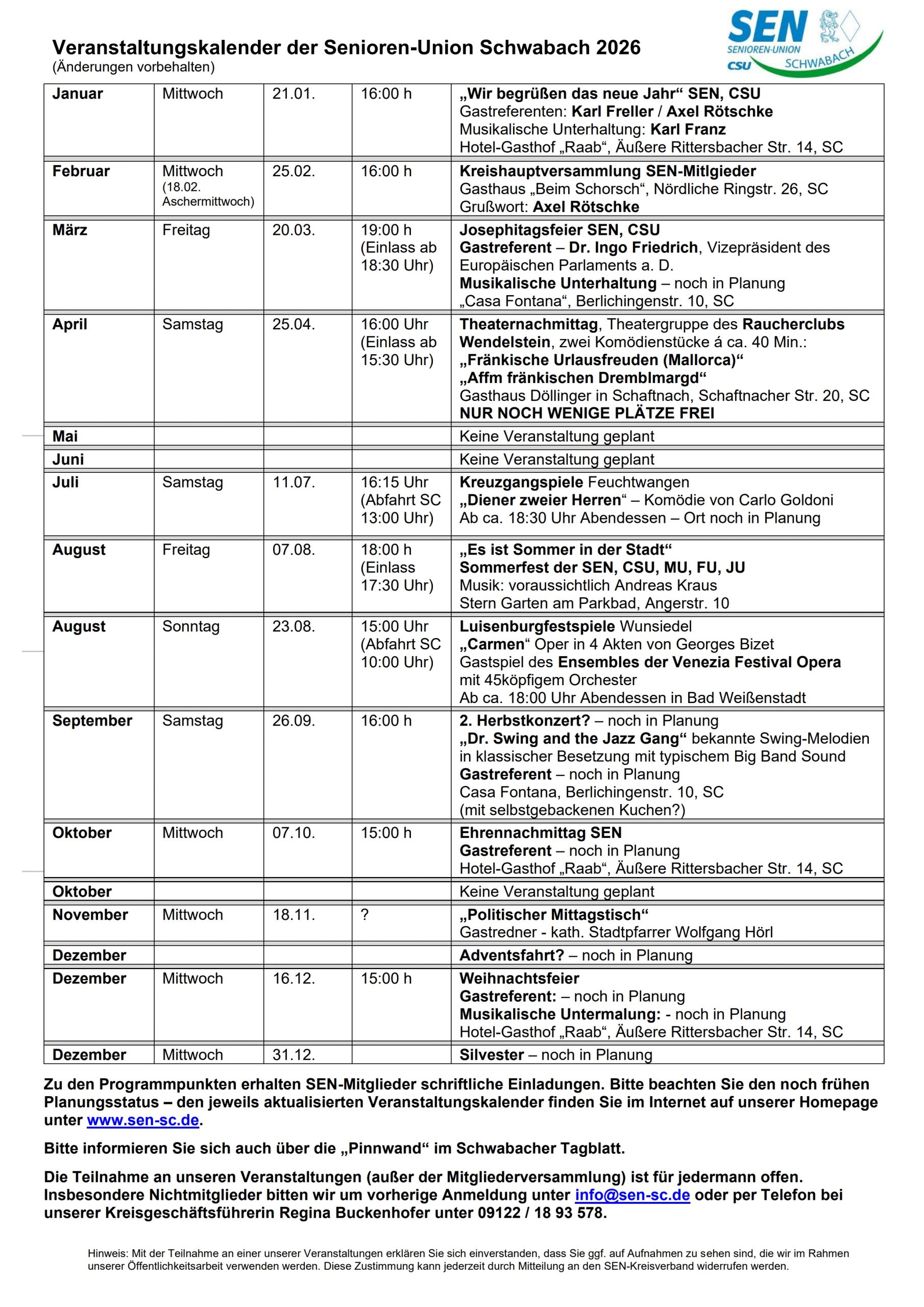 Vorläufiges Jahresprogramm 2026 - Stand 09.02.2026