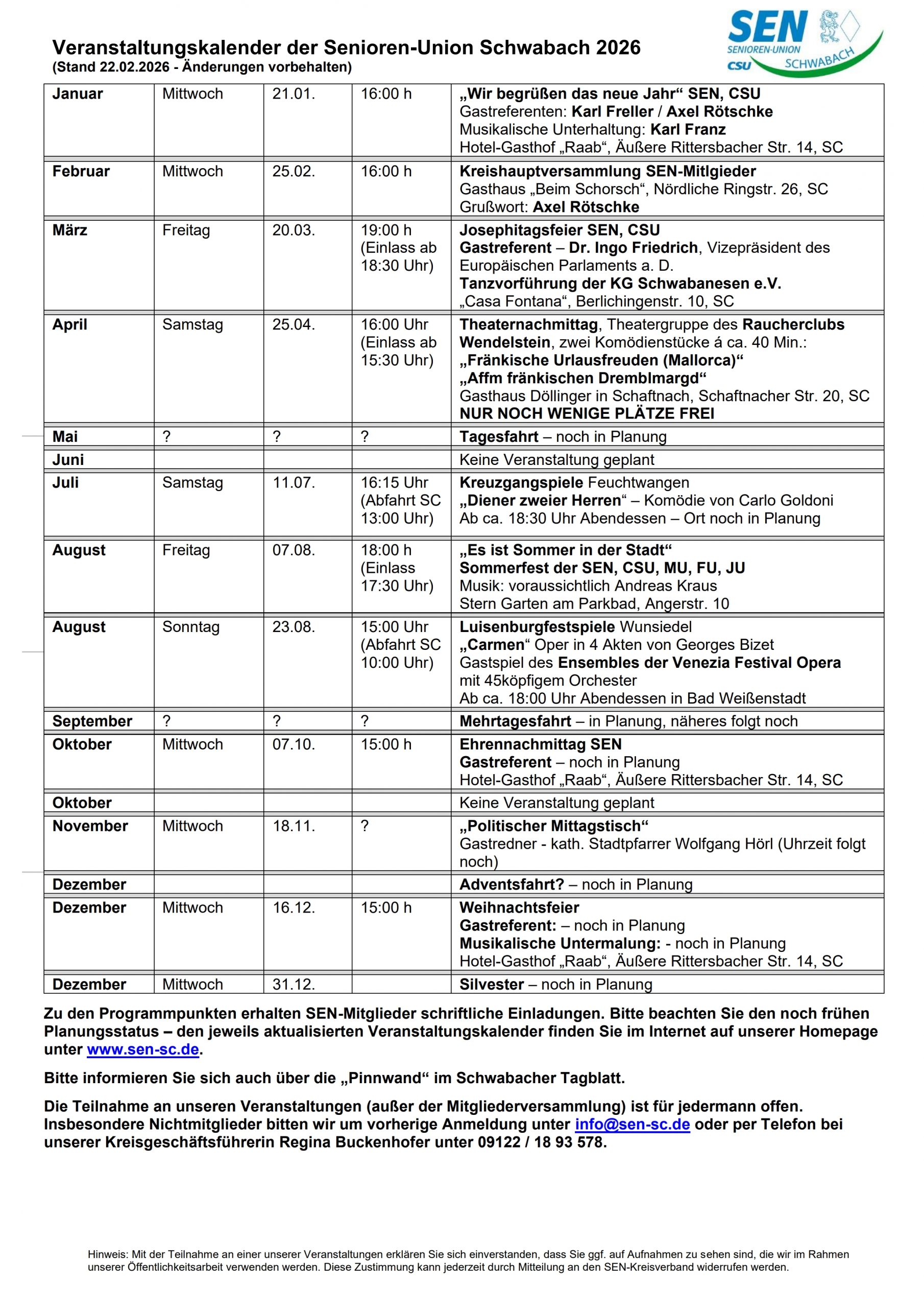 Vorläufiges Jahresprogramm 2026 - Stand 22.02.2026